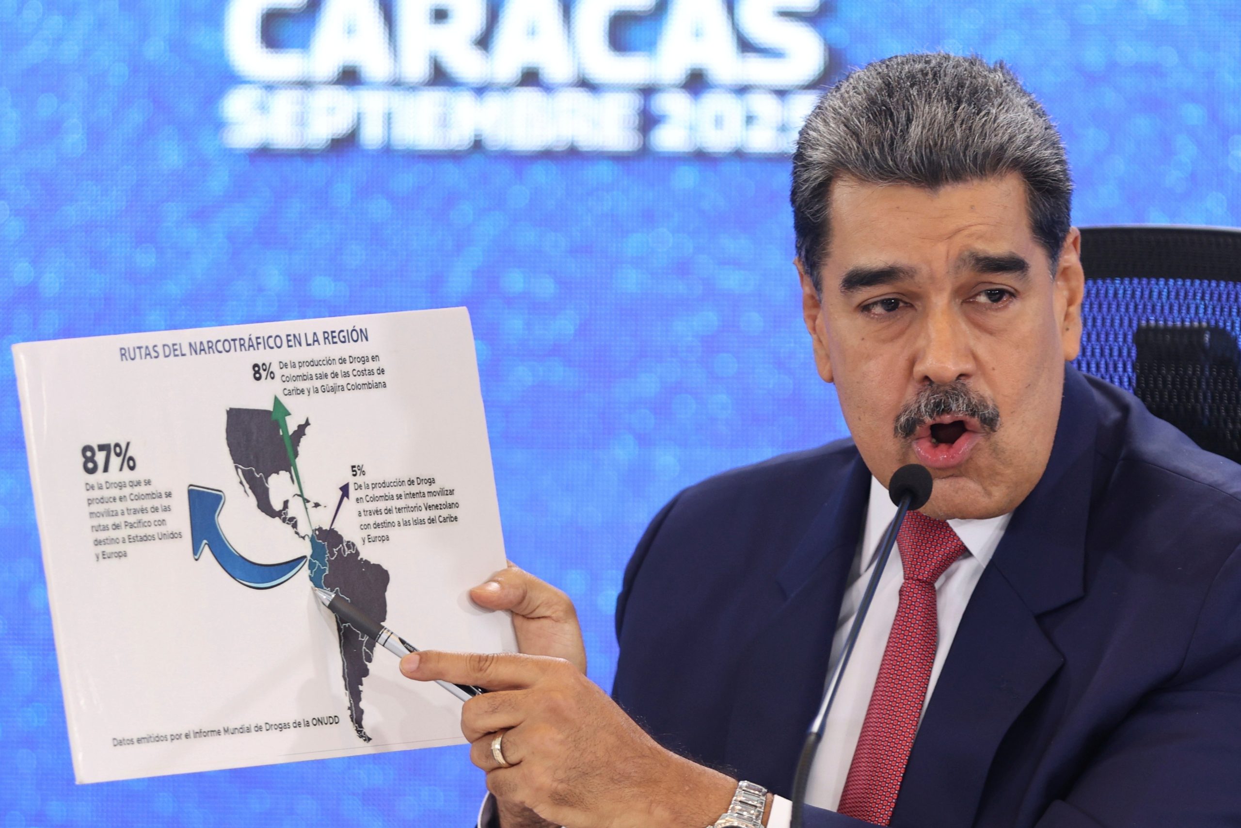 Venezuela's President Nicolas Maduro points at a map of the Americas during a new conference in Caracas, Venezuela, Sept 15, 2025. (AP Photo/Jesus Vargas), File