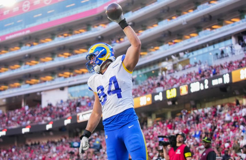 Los Angeles Rams tight end Colby Parkinson celebrates after catching one of Matt Stafford's four touchdown passes on Sunday.
