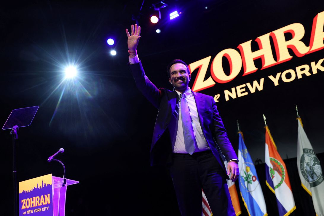 Democratic candidate for New York City mayor Zohran Mamdani waves on stage at an election night rally in New York's Brooklyn borough on Tuesday.