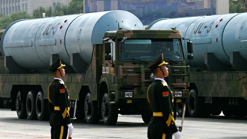 The JL-3 third-generation intercontinental-range submarine-launched ballistic missile is seen during a military parade marking the 80th anniversary of victory over Japan and the end of World War II, in Beijing's Tiananmen Square on September 3, 2025. (Photo by Greg Baker / AFP) (Photo by GREG BAKER/AFP via Getty Images)          